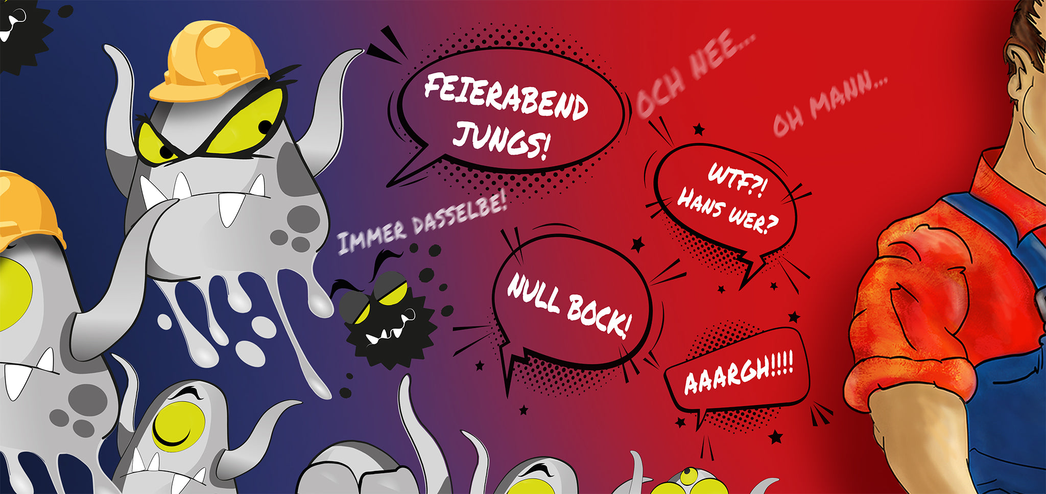 Schimmelmonster sind genervt von der Wirksamkeit von Schimmel Hans. Sie verduften.