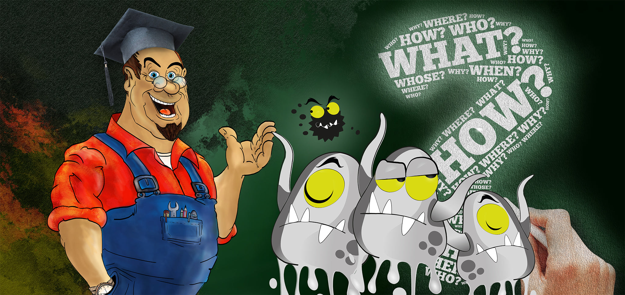 Hans erklärt den Schimmelmonstern die FAQs.